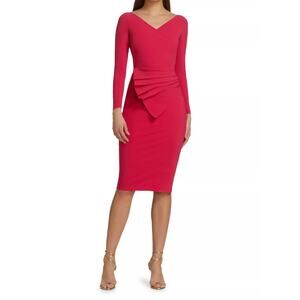 Chiara Boni La Petite Robe Kaya Cherry Red Pleated V-Neck Midi Sheath Dress 44